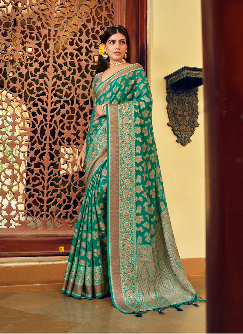 Monjolika Fashion Turquoise Georgette With Weaving Buta Border Pallu Classic Saree | Grocsy