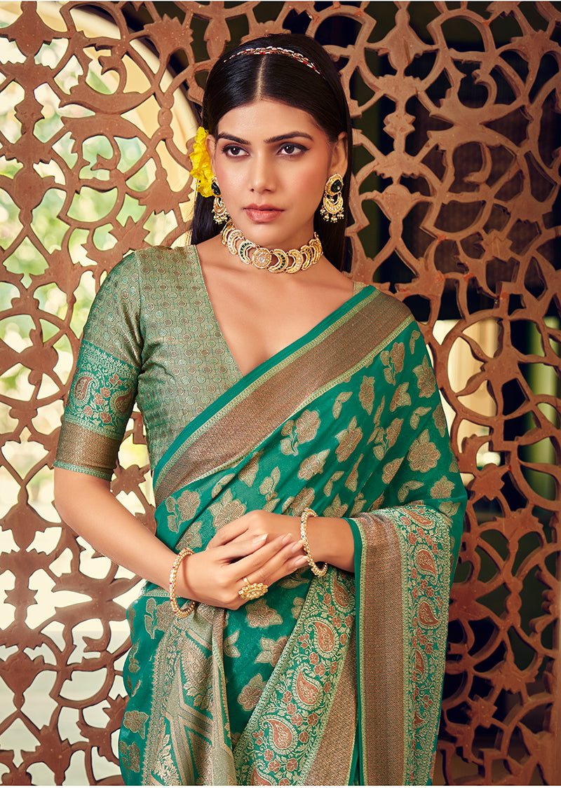 Monjolika Fashion Turquoise Georgette With Weaving Buta Border Pallu Classic Saree | Grocsy