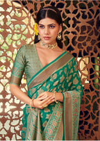 Monjolika Fashion Turquoise Georgette With Weaving Buta Border Pallu Classic Saree | Grocsy