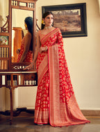 Monjolika Fashion Red Georgette With Weaving Buta Border Pallu Classic Saree | Grocsy