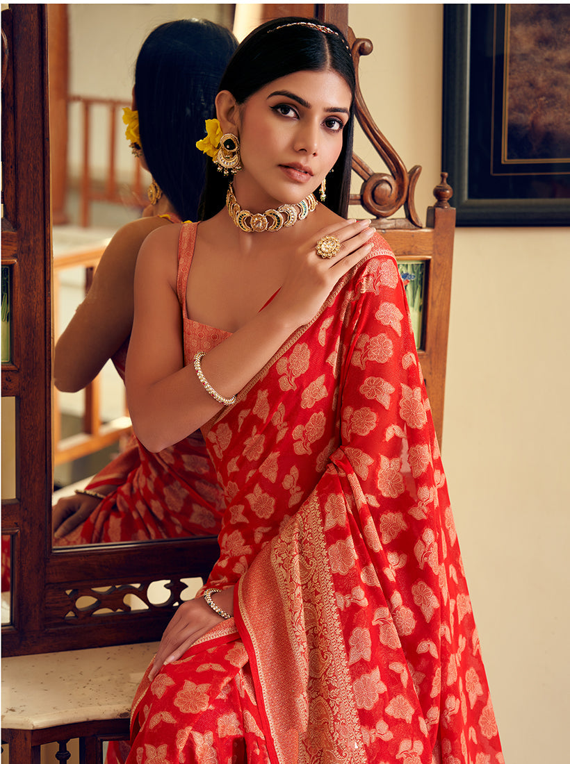 Monjolika Fashion Red Georgette With Weaving Buta Border Pallu Classic Saree | Grocsy