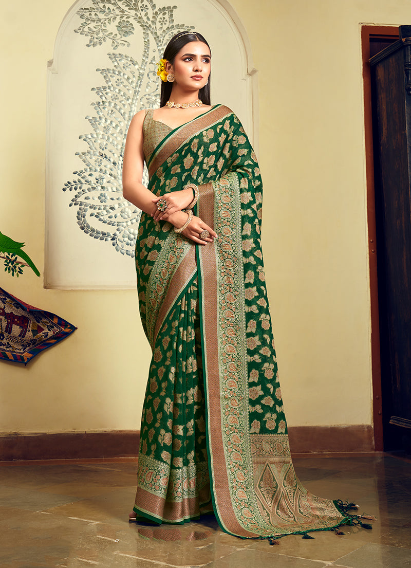 Monjolika Fashion Green Georgette With Weaving Buta Border Pallu Classic Saree | Grocsy