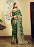 Monjolika Fashion Green Georgette With Weaving Buta Border Pallu Classic Saree | Grocsy