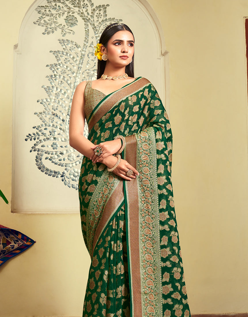 Monjolika Fashion Green Georgette With Weaving Buta Border Pallu Classic Saree | Grocsy