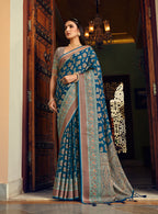 Monjolika Fashion Blue Georgette With Weaving Buta Border Pallu Classic Saree | Grocsy