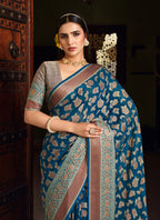 Monjolika Fashion Blue Georgette With Weaving Buta Border Pallu Classic Saree | Grocsy