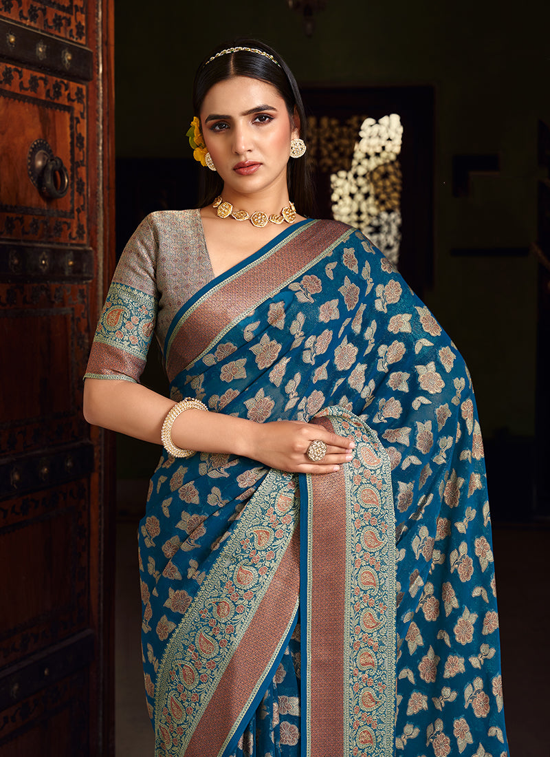 Monjolika Fashion Blue Georgette With Weaving Buta Border Pallu Classic Saree | Grocsy