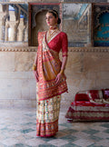 Monjolika Fashion Silk Blend Cream and Red Patola Print Classic Festival Wear Saree | Grocsy