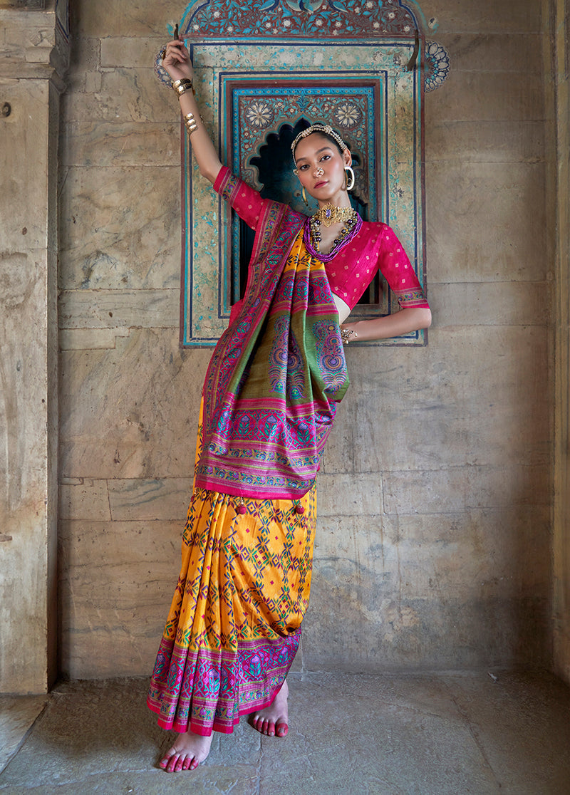 Monjolika Fashion Silk Blend Yellow and Hot Pink Patola Print Classic Festival Wear Saree | Grocsy