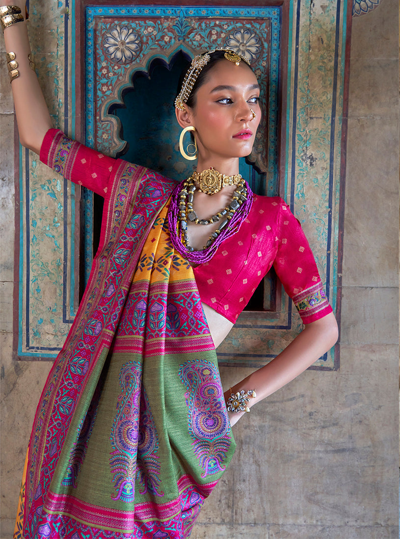 Monjolika Fashion Silk Blend Yellow and Hot Pink Patola Print Classic Festival Wear Saree | Grocsy