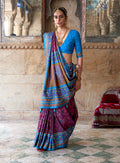 Monjolika Fashion Silk Blend Purple and Aqua Blue Patola Print Classic Festival Wear Saree | Grocsy