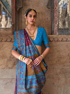 Monjolika Fashion Silk Blend Purple and Aqua Blue Patola Print Classic Festival Wear Saree | Grocsy
