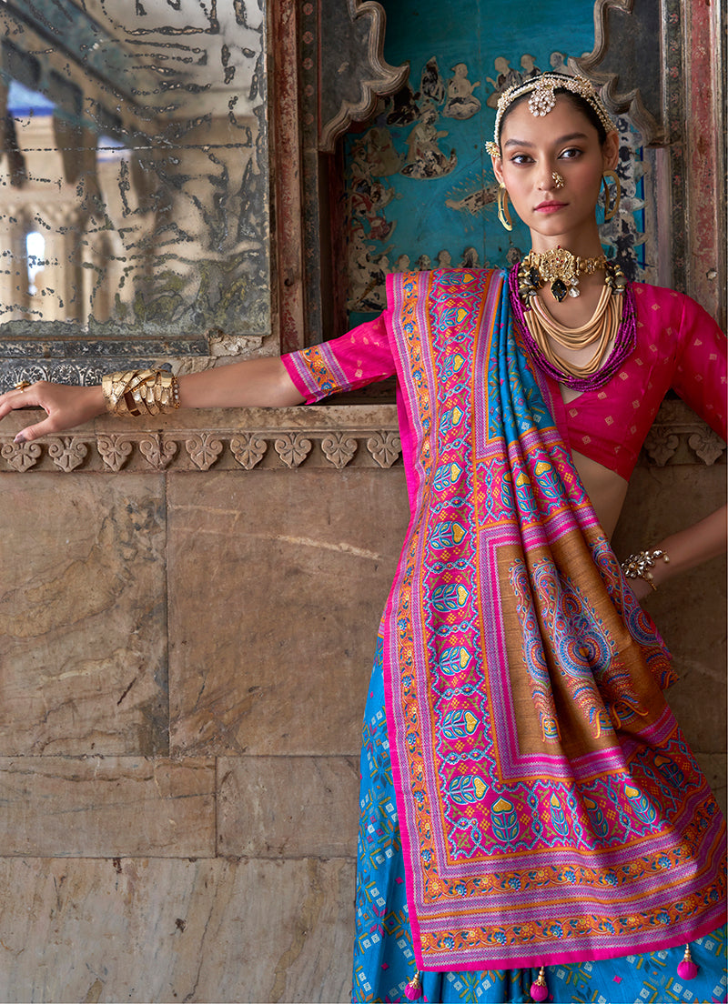Monjolika Fashion Silk Blend Aqua Blue and Pink Patola Print Classic Festival Wear Saree | Grocsy