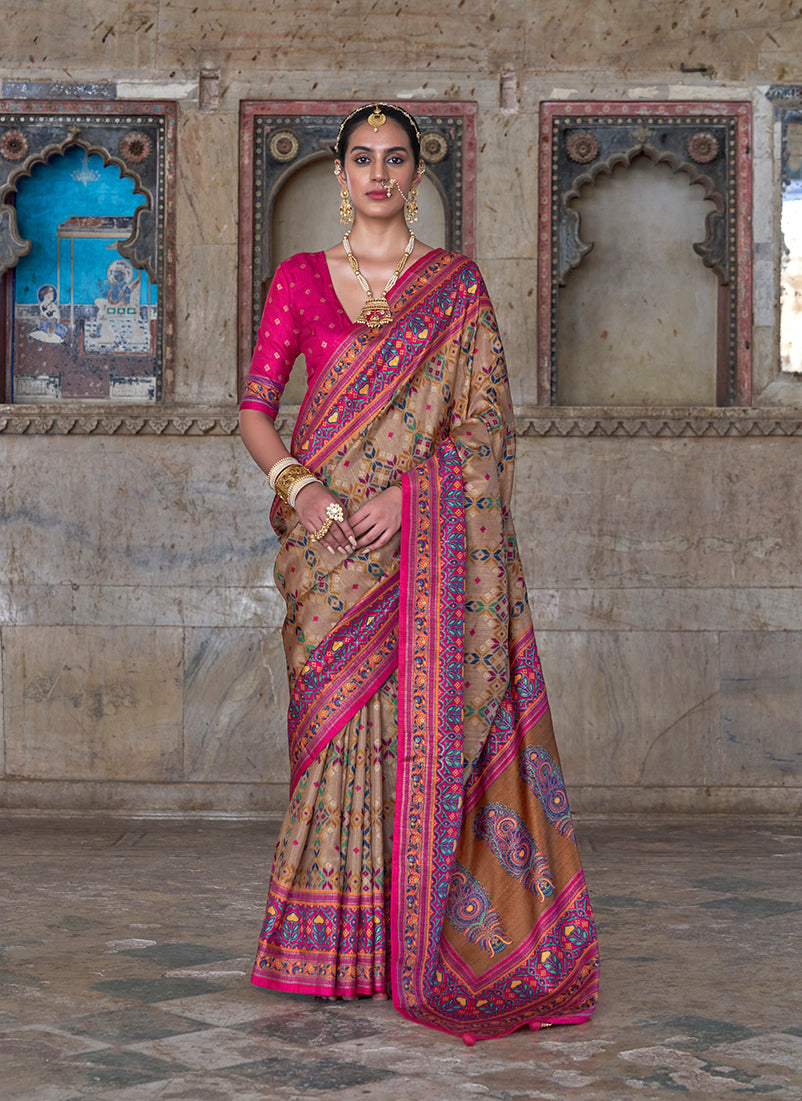 Monjolika Fashion Silk Blend Beige and Pink Patola Print Classic Festival Wear Saree | Grocsy
