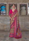 Monjolika Fashion Silk Blend Beige and Pink Patola Print Classic Festival Wear Saree | Grocsy