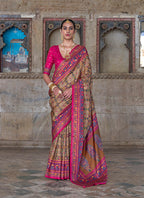 Monjolika Fashion Silk Blend Beige and Pink Patola Print Classic Festival Wear Saree | Grocsy