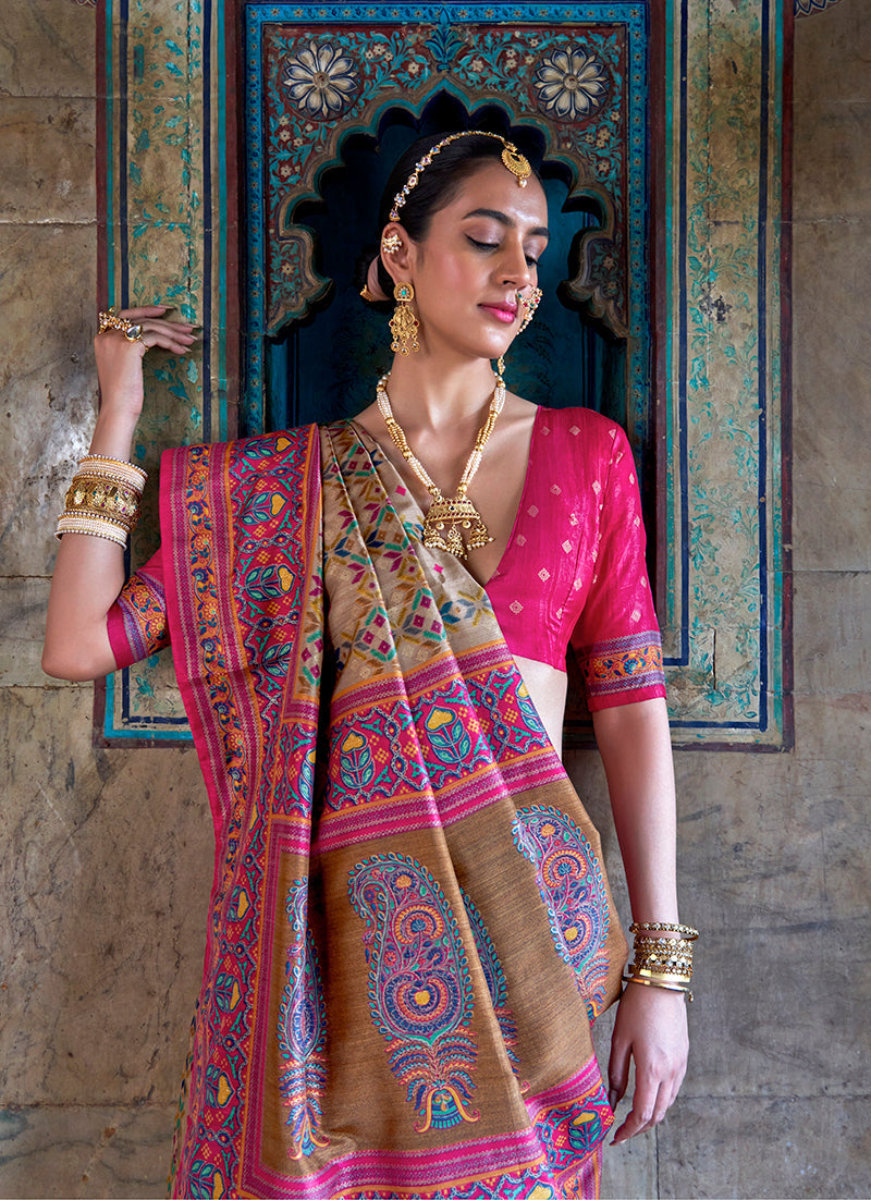 Monjolika Fashion Silk Blend Beige and Pink Patola Print Classic Festival Wear Saree | Grocsy