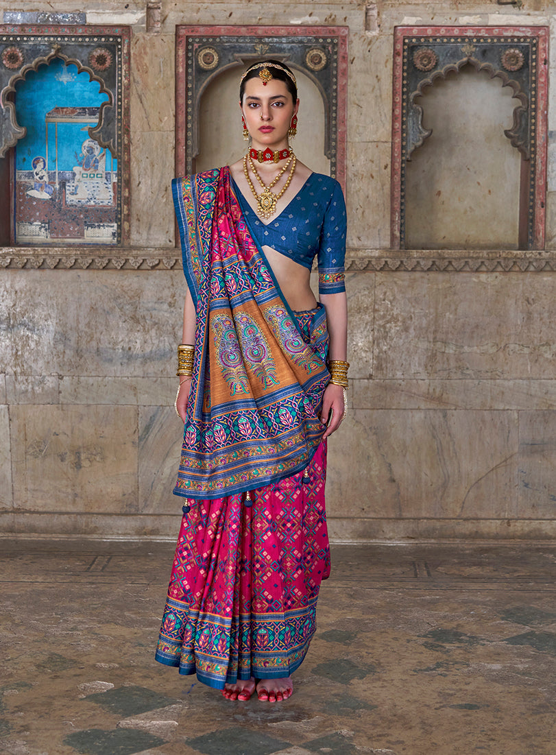 Monjolika Fashion Silk Blend Rani Pink and Blue Patola Print Classic Festival Wear Saree | Grocsy