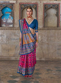 Monjolika Fashion Silk Blend Rani Pink and Blue Patola Print Classic Festival Wear Saree | Grocsy