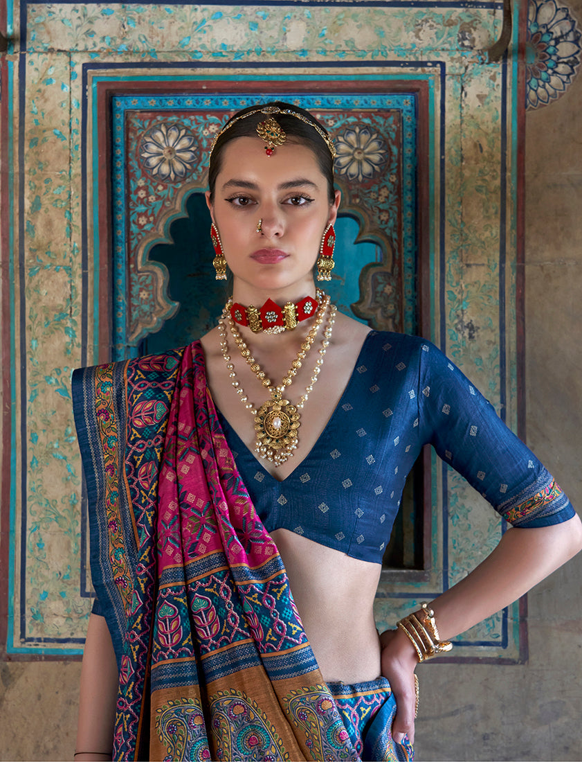 Monjolika Fashion Silk Blend Rani Pink and Blue Patola Print Classic Festival Wear Saree | Grocsy