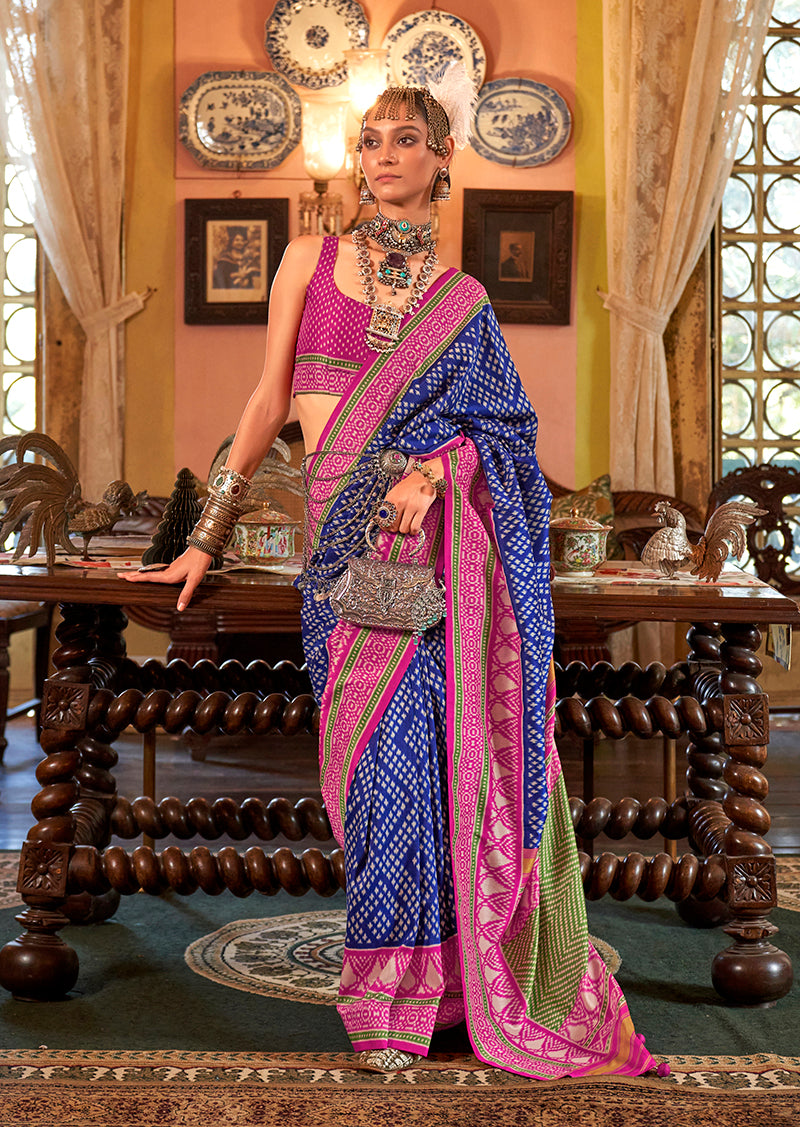 Monjolika Fashion Navy blue Patola Design Zari Work Traditional Silk Blend Saree | Grocsy