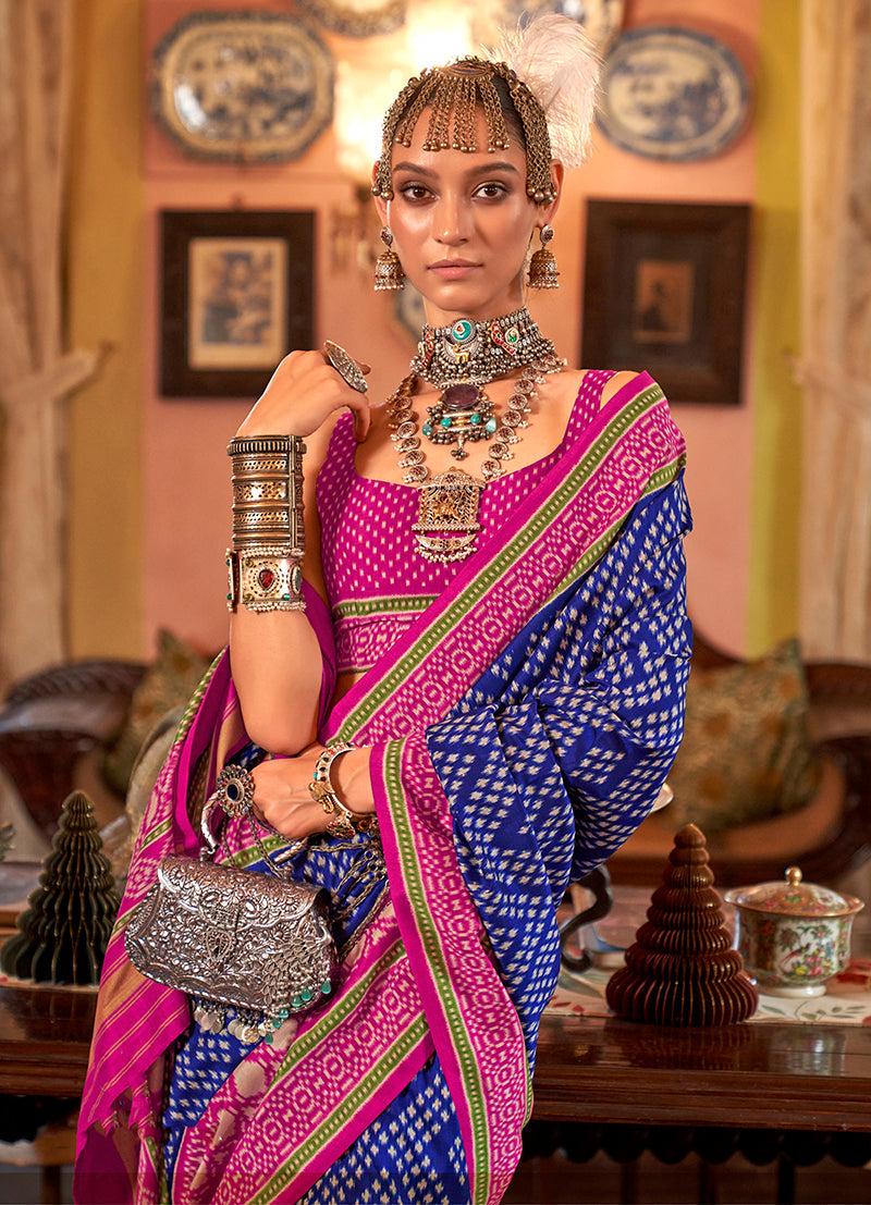 Monjolika Fashion Navy blue Patola Design Zari Work Traditional Silk Blend Saree | Grocsy