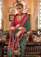 Monjolika Fashion Dark Green Patola Design Zari Work Traditional Silk Blend Saree | Grocsy