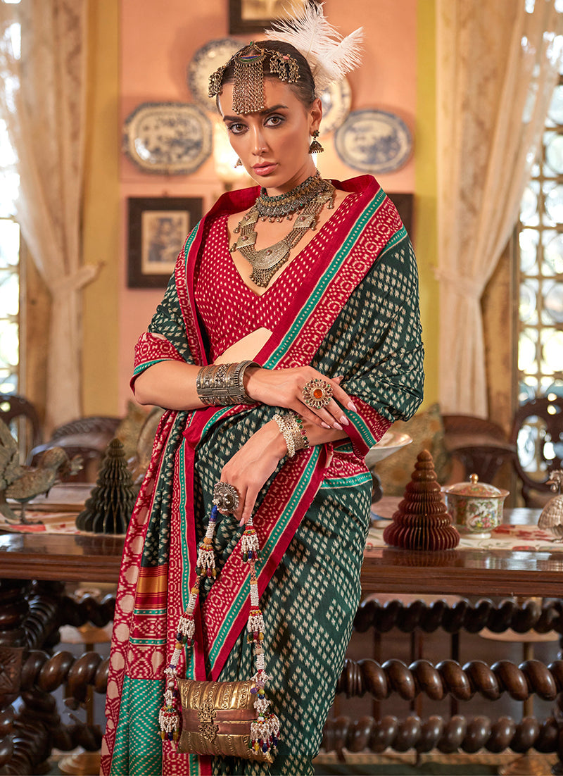 Monjolika Fashion Dark Green Patola Design Zari Work Traditional Silk Blend Saree | Grocsy