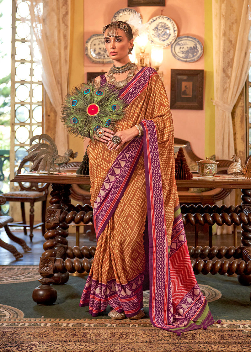 Monjolika Fashion Mustard Patola Design Zari Work Traditional Silk Blend Saree | Grocsy