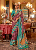 Monjolika Fashion Wine & Turquoise Patola Design Zari Work Traditional Silk Blend Saree | Grocsy
