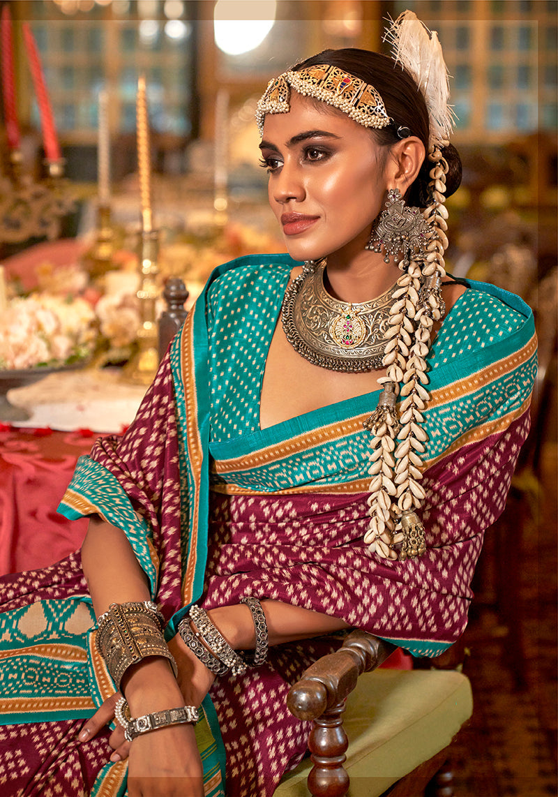 Monjolika Fashion Wine & Turquoise Patola Design Zari Work Traditional Silk Blend Saree | Grocsy