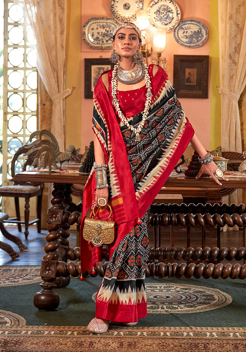 Monjolika Fashion Black & Red Patola Design Zari Work Traditional Silk Blend Saree | Grocsy