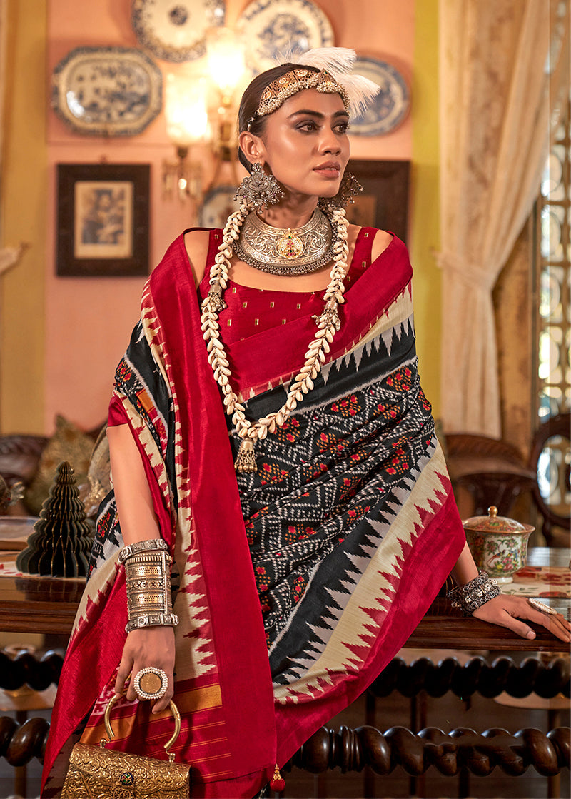 Monjolika Fashion Black & Red Patola Design Zari Work Traditional Silk Blend Saree | Grocsy