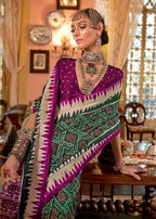 Monjolika Fashion Dark Green & Magenta Patola Design Zari Work Traditional Silk Blend Saree | Grocsy