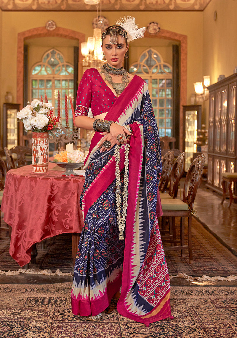 Monjolika Fashion Navy blue & Hot Pink Patola Design Zari Work Traditional Silk Blend Saree | Grocsy