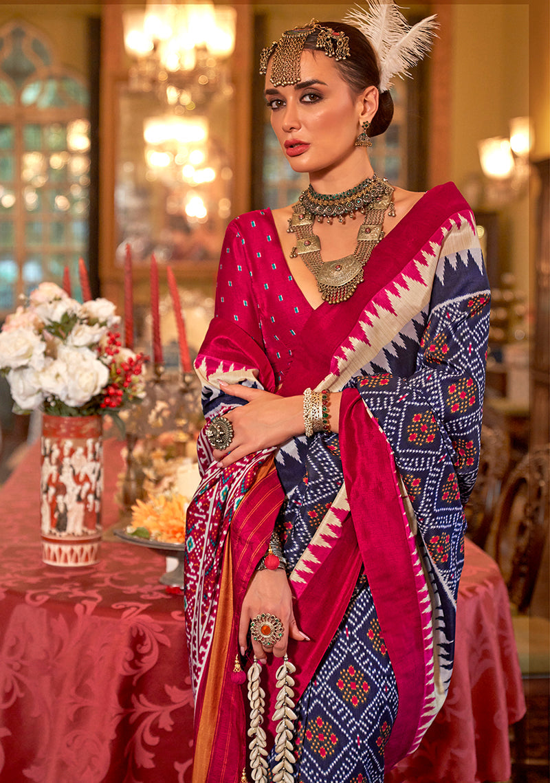 Monjolika Fashion Navy blue & Hot Pink Patola Design Zari Work Traditional Silk Blend Saree | Grocsy