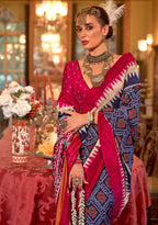 Monjolika Fashion Navy blue & Hot Pink Patola Design Zari Work Traditional Silk Blend Saree | Grocsy
