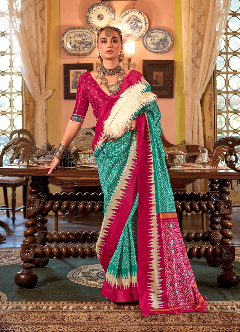Monjolika Fashion Turquoise & Hot Pink Patola Design Zari Work Traditional Silk Blend Saree | Grocsy