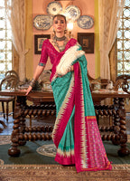 Monjolika Fashion Turquoise & Hot Pink Patola Design Zari Work Traditional Silk Blend Saree | Grocsy