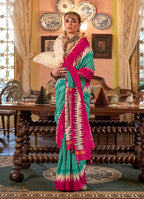 Monjolika Fashion Turquoise & Hot Pink Patola Design Zari Work Traditional Silk Blend Saree | Grocsy