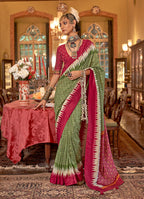Monjolika Fashion Olive Green & Burgundy Patola Design Zari Work Traditional Silk Blend Saree | Grocsy