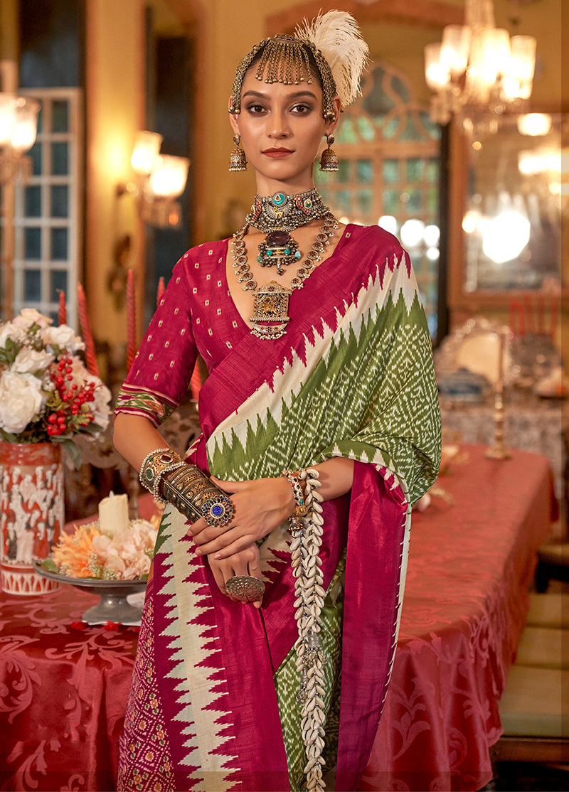 Monjolika Fashion Olive Green & Burgundy Patola Design Zari Work Traditional Silk Blend Saree | Grocsy