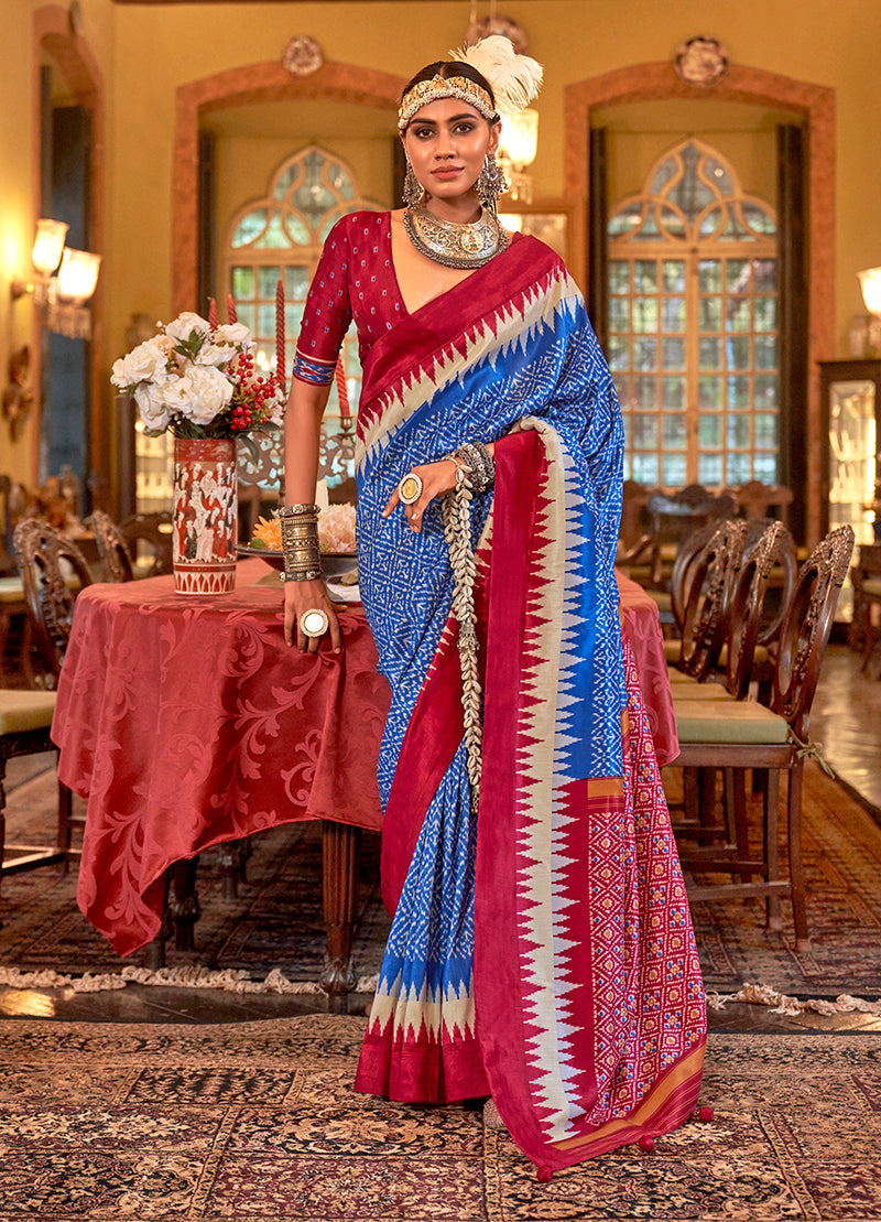 Monjolika Fashion Royal Blue & Rani Pink Patola Design Zari Work Traditional Silk Blend Saree | Grocsy