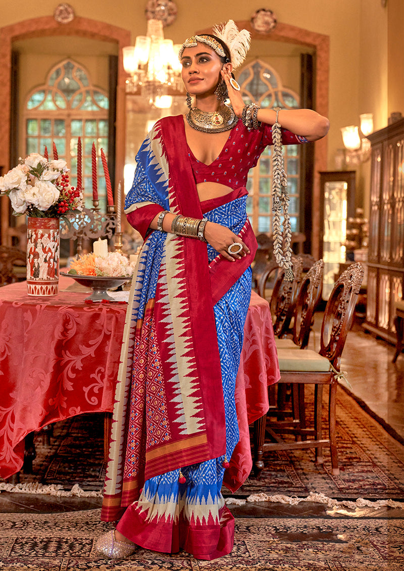 Monjolika Fashion Royal Blue & Rani Pink Patola Design Zari Work Traditional Silk Blend Saree | Grocsy
