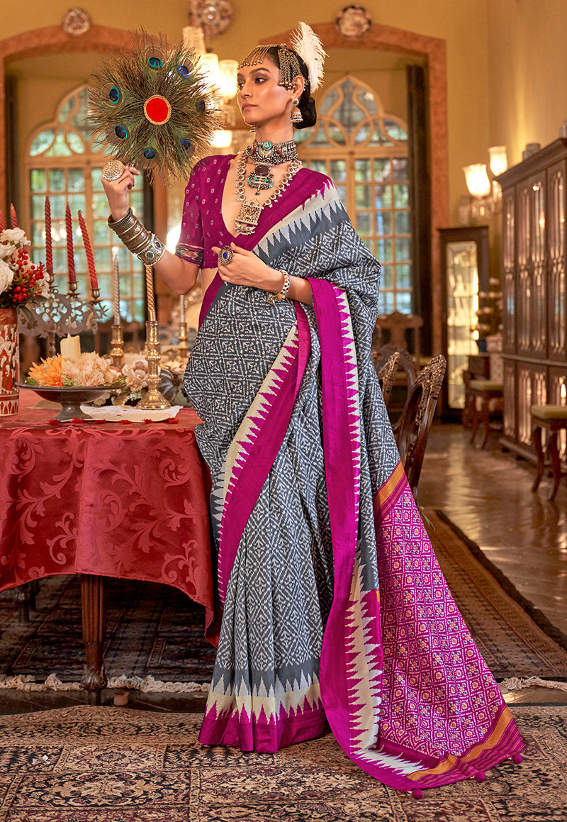 Monjolika Fashion Grey & Magenta Patola Design Zari Work Traditional Silk Blend Saree | Grocsy