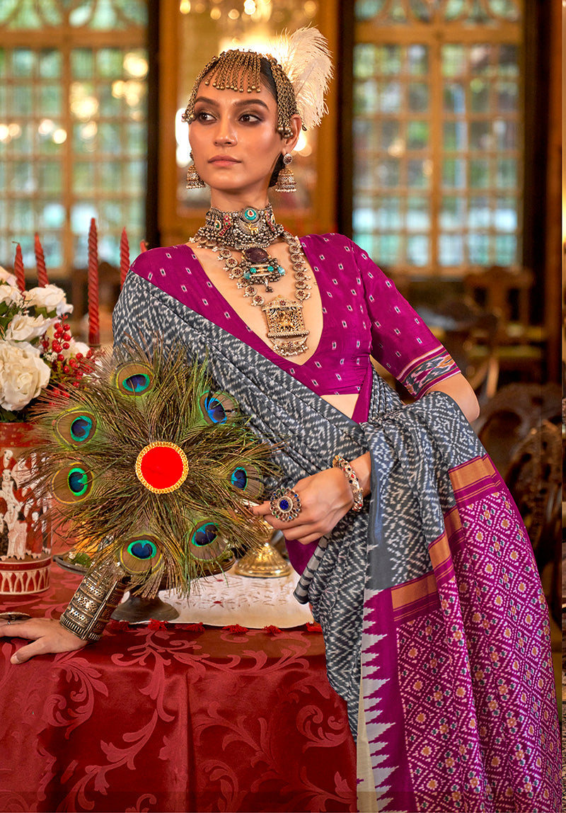 Monjolika Fashion Grey & Magenta Patola Design Zari Work Traditional Silk Blend Saree | Grocsy