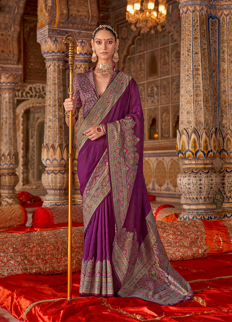 Monjolika Fashion Purple Silk Blend Print Work Traditional Saree for Ceremonial | Grocsy
