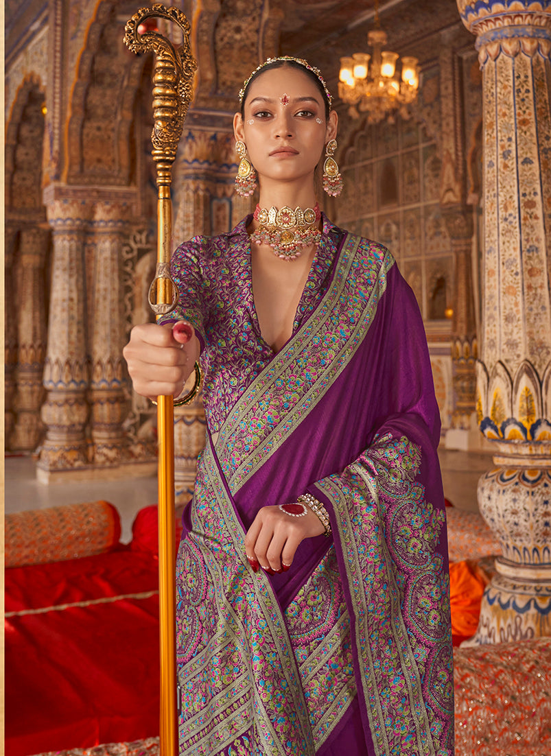 Monjolika Fashion Purple Silk Blend Print Work Traditional Saree for Ceremonial | Grocsy