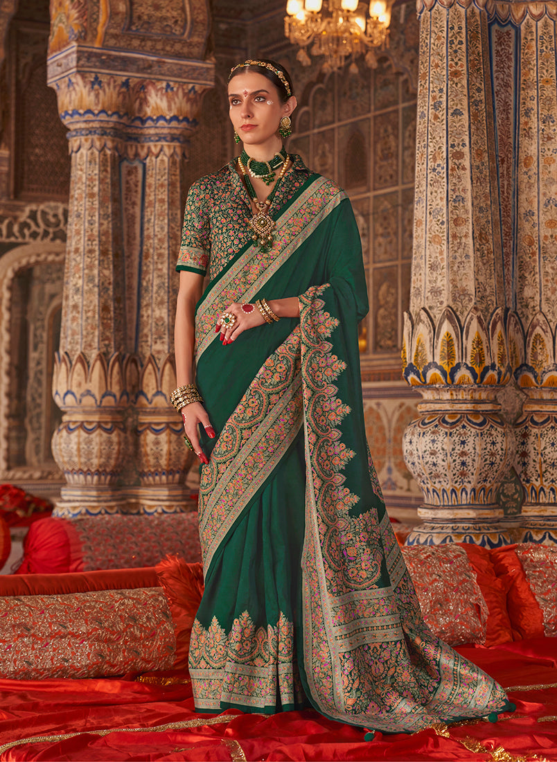 Monjolika Fashion Dark Green Silk Blend Print Work Traditional Saree for Ceremonial | Grocsy