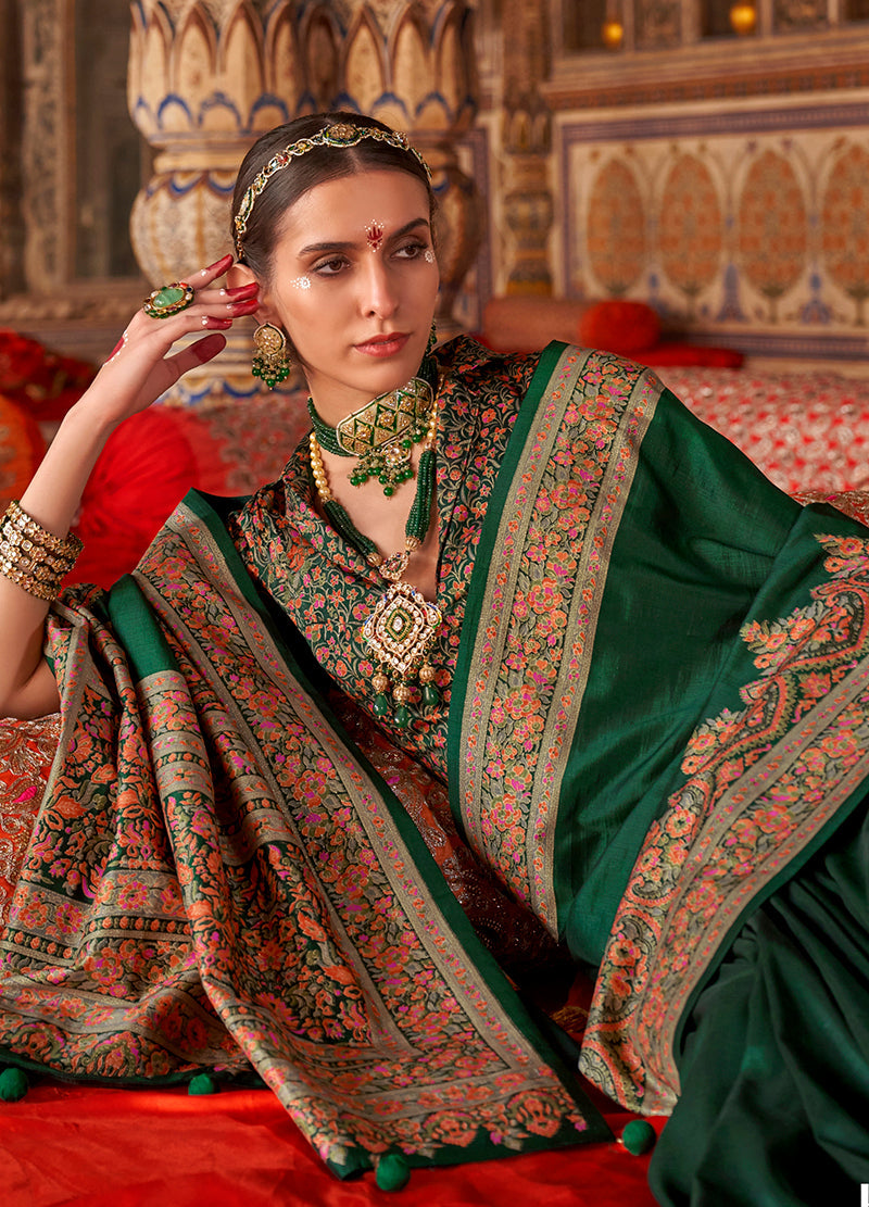 Monjolika Fashion Dark Green Silk Blend Print Work Traditional Saree for Ceremonial | Grocsy